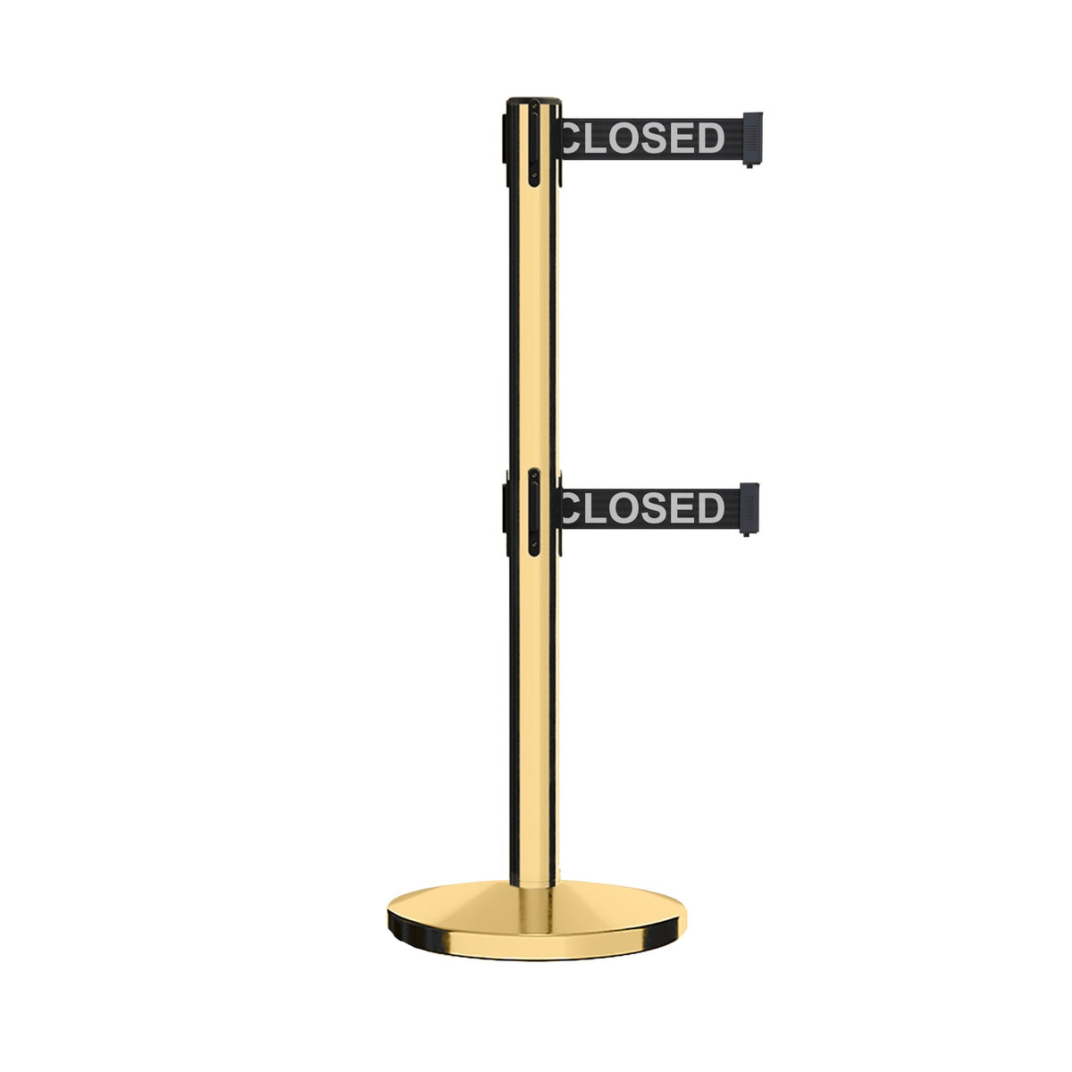 Retractable Dual Belt Barrier Stanchion, Cast Iron Base, Polished Brass Post, 9 ft Belt - Montour Line MI630D - Crowd Control Warehouse