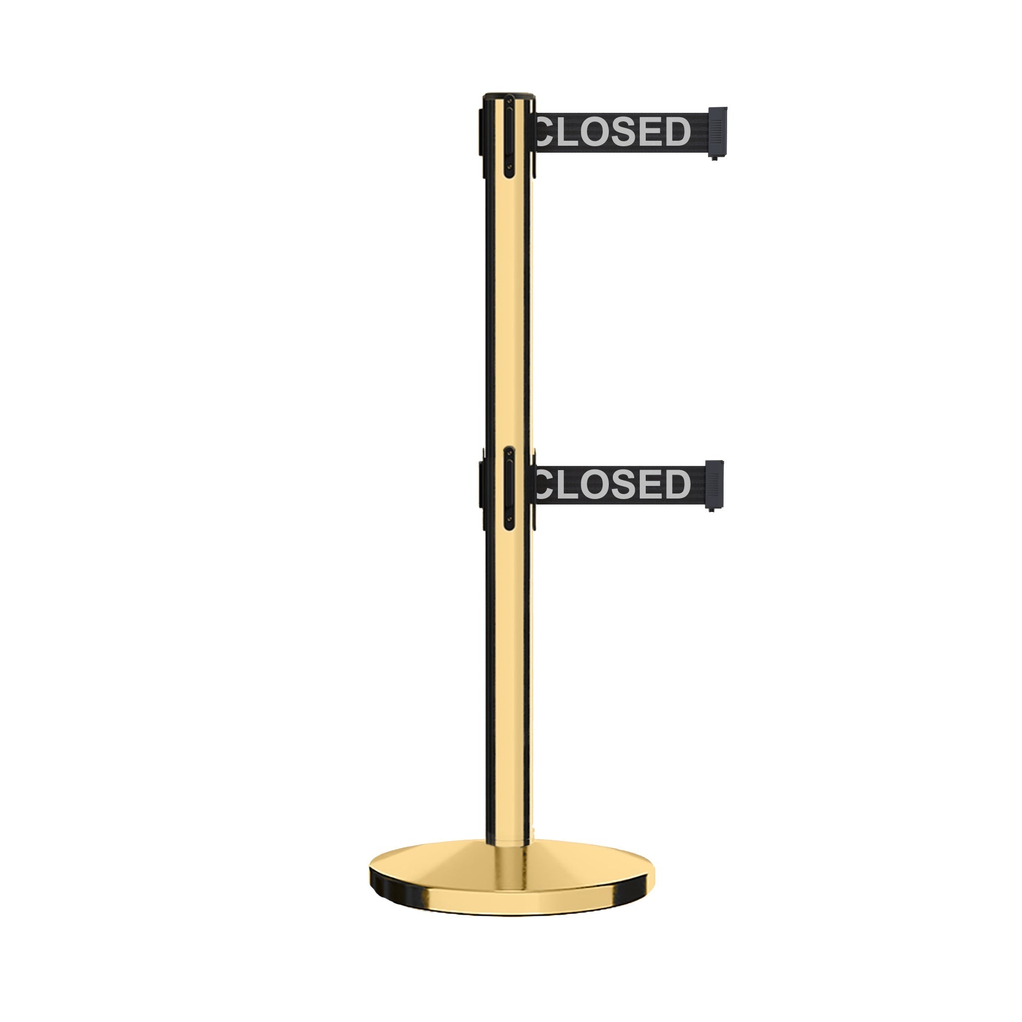 Retractable Dual Belt Barrier Stanchion, Cast Iron Base, Polished Brass Post, 9 ft Belt - Montour Line MI630D - Crowd Control Warehouse