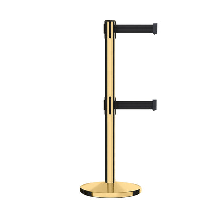 Retractable Dual Belt Barrier Stanchion, Cast Iron Base, Polished Brass Post, 9 ft Belt - Montour Line MI630D - Crowd Control Warehouse