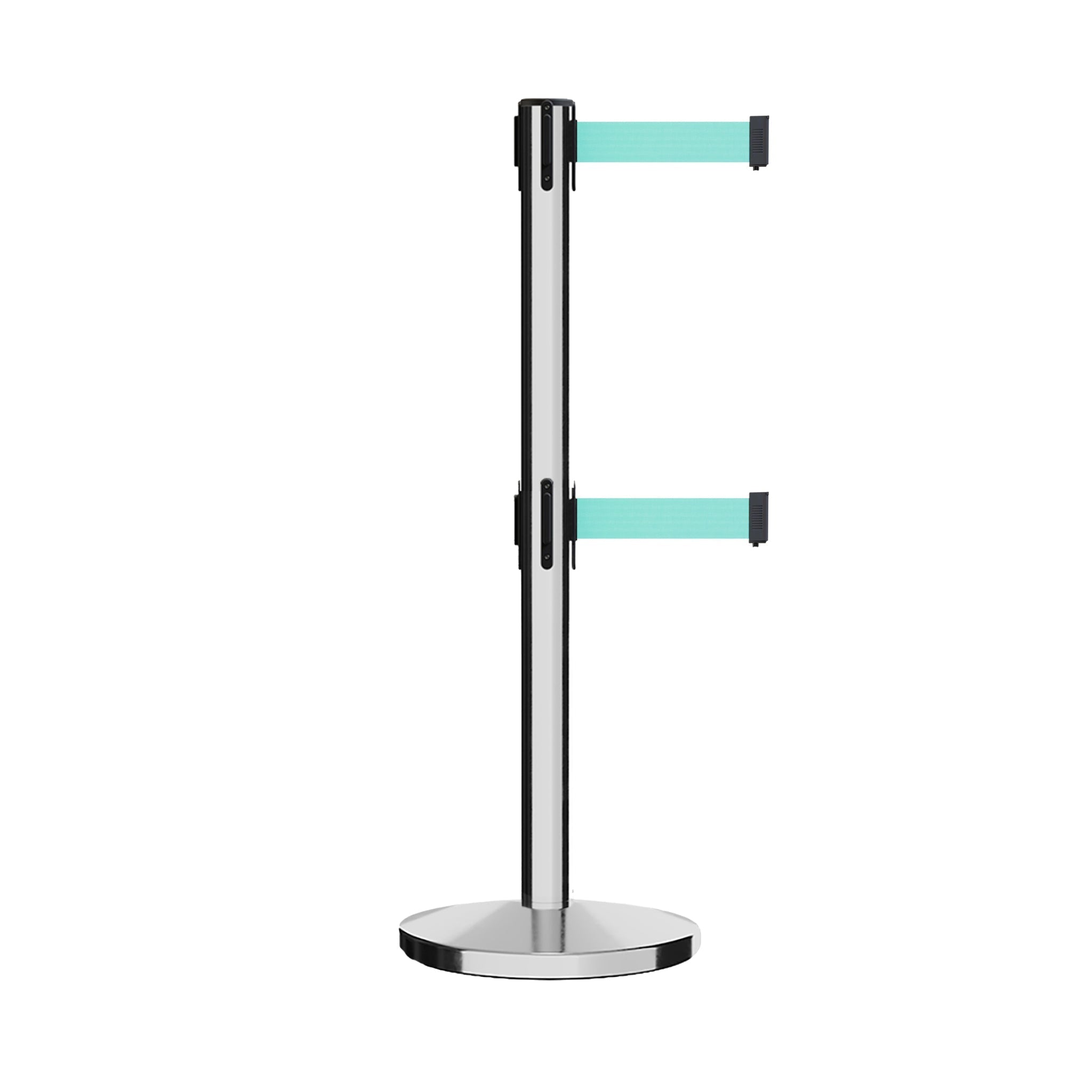 Retractable Dual Belt Barrier Stanchion, Cast Iron Base, Polished Stainless Steel Post, 7.5 ft Belt - Montour Line MI630D - Crowd Control Warehouse