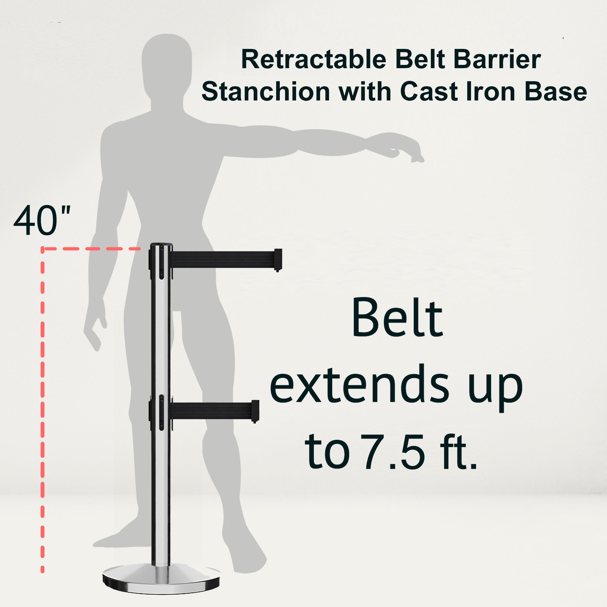 Retractable Dual Belt Barrier Stanchion, Cast Iron Base, Polished Stainless Steel Post, 7.5 ft Belt - Montour Line MI630D - Crowd Control Warehouse