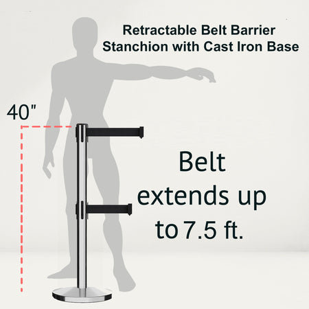 Retractable Dual Belt Barrier Stanchion, Cast Iron Base, Polished Stainless Steel Post, 7.5 ft Belt - Montour Line MI630D - Crowd Control Warehouse
