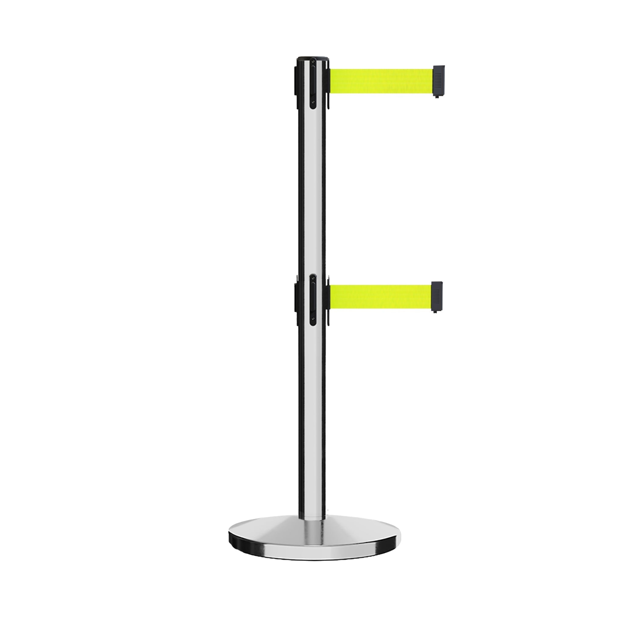 Retractable Dual Belt Barrier Stanchion, Cast Iron Base, Polished Stainless Steel Post, 7.5 ft Belt - Montour Line MI630D - Crowd Control Warehouse