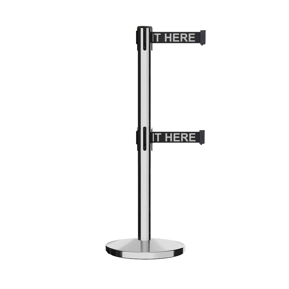 Retractable Dual Belt Barrier Stanchion, Cast Iron Base, Polished Stainless Steel Post, 7.5 ft Belt - Montour Line MI630D - Crowd Control Warehouse