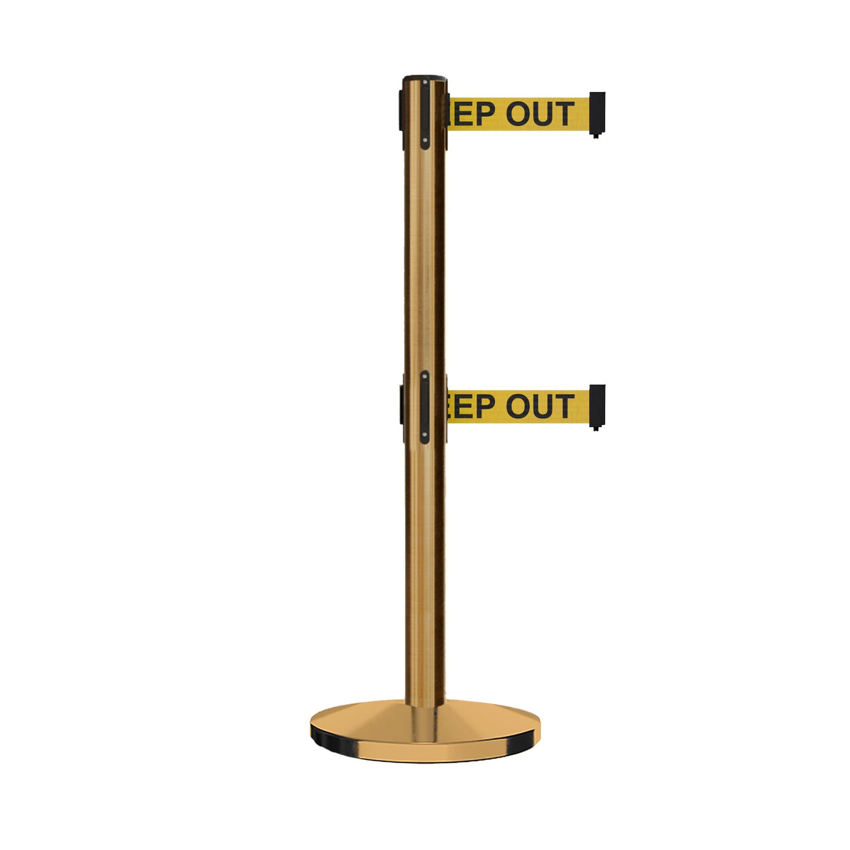 Retractable Dual Belt Barrier Stanchion, Cast Iron Base, Satin Brass Post, 11 ft Belt - Montour Line MI630D - Crowd Control Warehouse