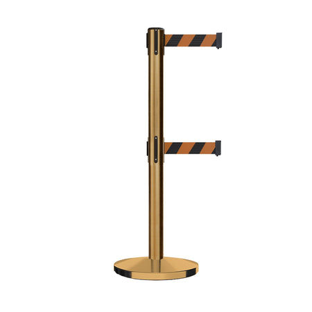 Retractable Dual Belt Barrier Stanchion, Cast Iron Base, Satin Brass Post, 11 ft Belt - Montour Line MI630D - Crowd Control Warehouse