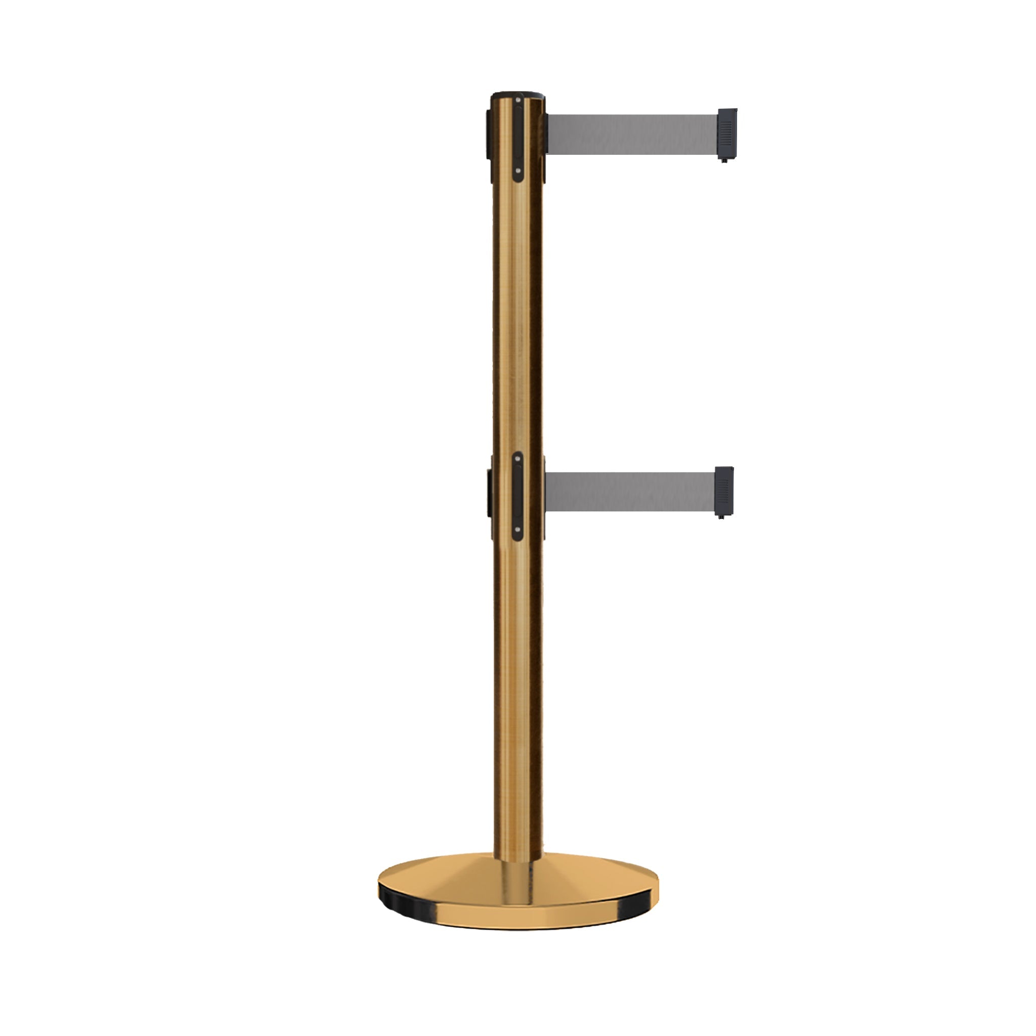 Retractable Dual Belt Barrier Stanchion, Cast Iron Base, Satin Brass Post, 11 ft Belt - Montour Line MI630D - Crowd Control Warehouse