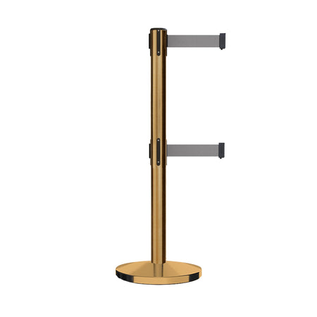 Retractable Dual Belt Barrier Stanchion, Cast Iron Base, Satin Brass Post, 11 ft Belt - Montour Line MI630D - Crowd Control Warehouse