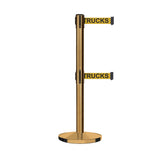Retractable Dual Belt Barrier Stanchion, Cast Iron Base, Satin Brass Post, 11 ft Belt - Montour Line MI630D - Crowd Control Warehouse