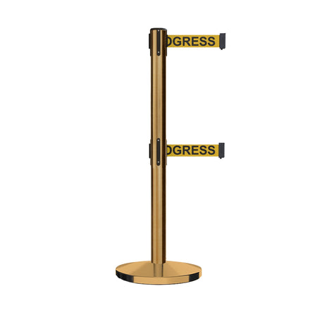 Retractable Dual Belt Barrier Stanchion, Cast Iron Base, Satin Brass Post, 11 ft Belt - Montour Line MI630D - Crowd Control Warehouse