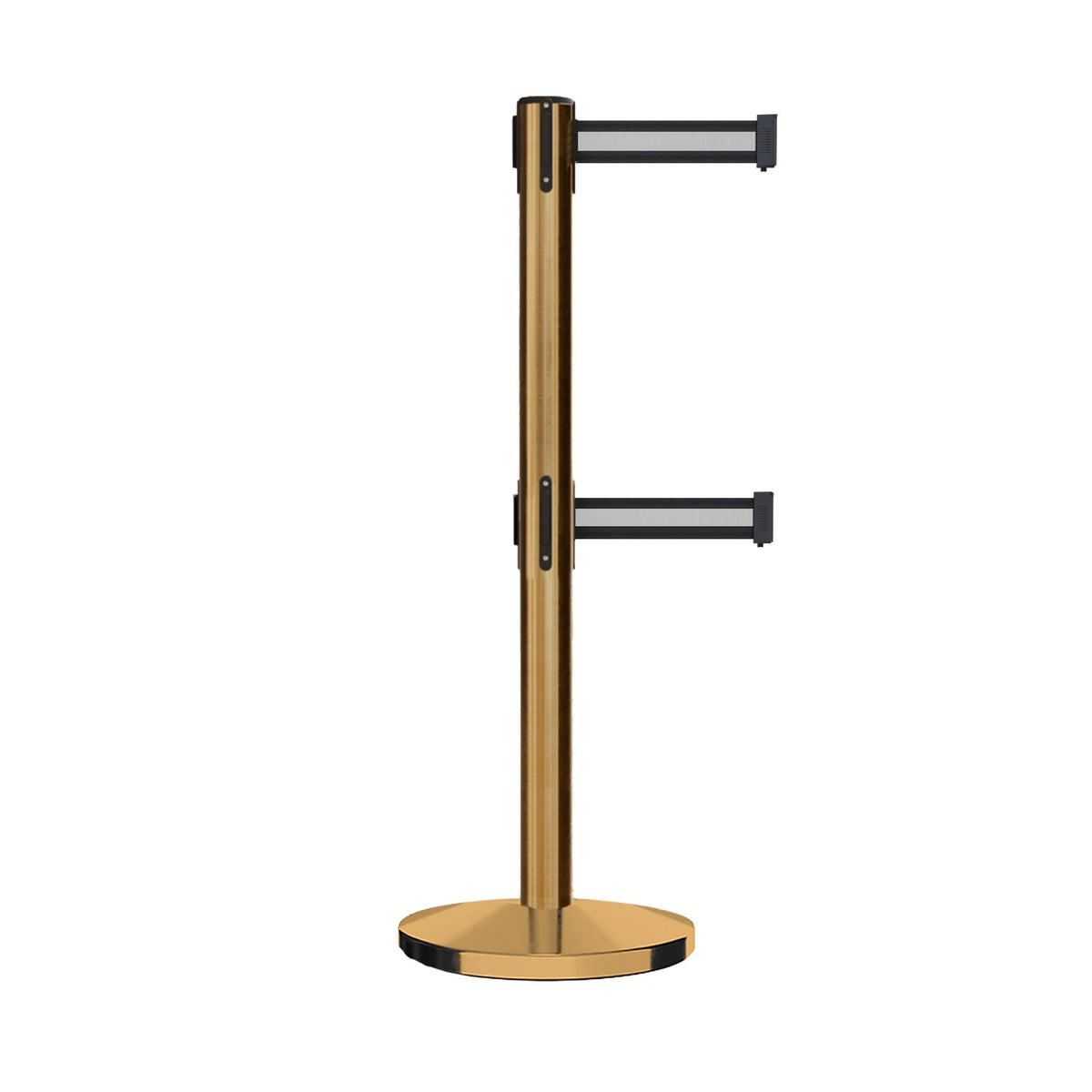 Retractable Dual Belt Barrier Stanchion, Cast Iron Base, Satin Brass Post, 11 ft Belt - Montour Line MI630D - Crowd Control Warehouse