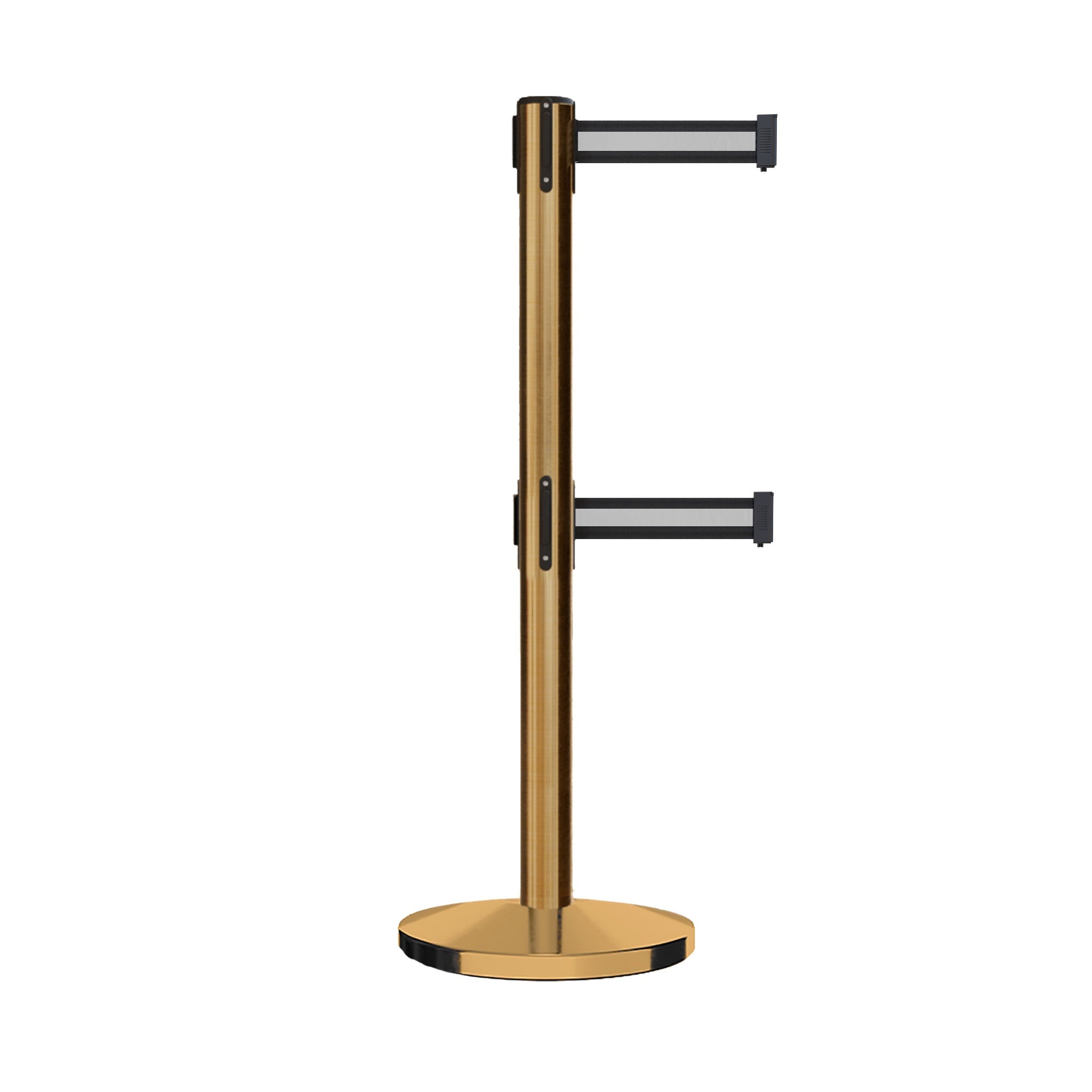 Retractable Dual Belt Barrier Stanchion, Cast Iron Base, Satin Brass Post, 11 ft Belt - Montour Line MI630D - Crowd Control Warehouse