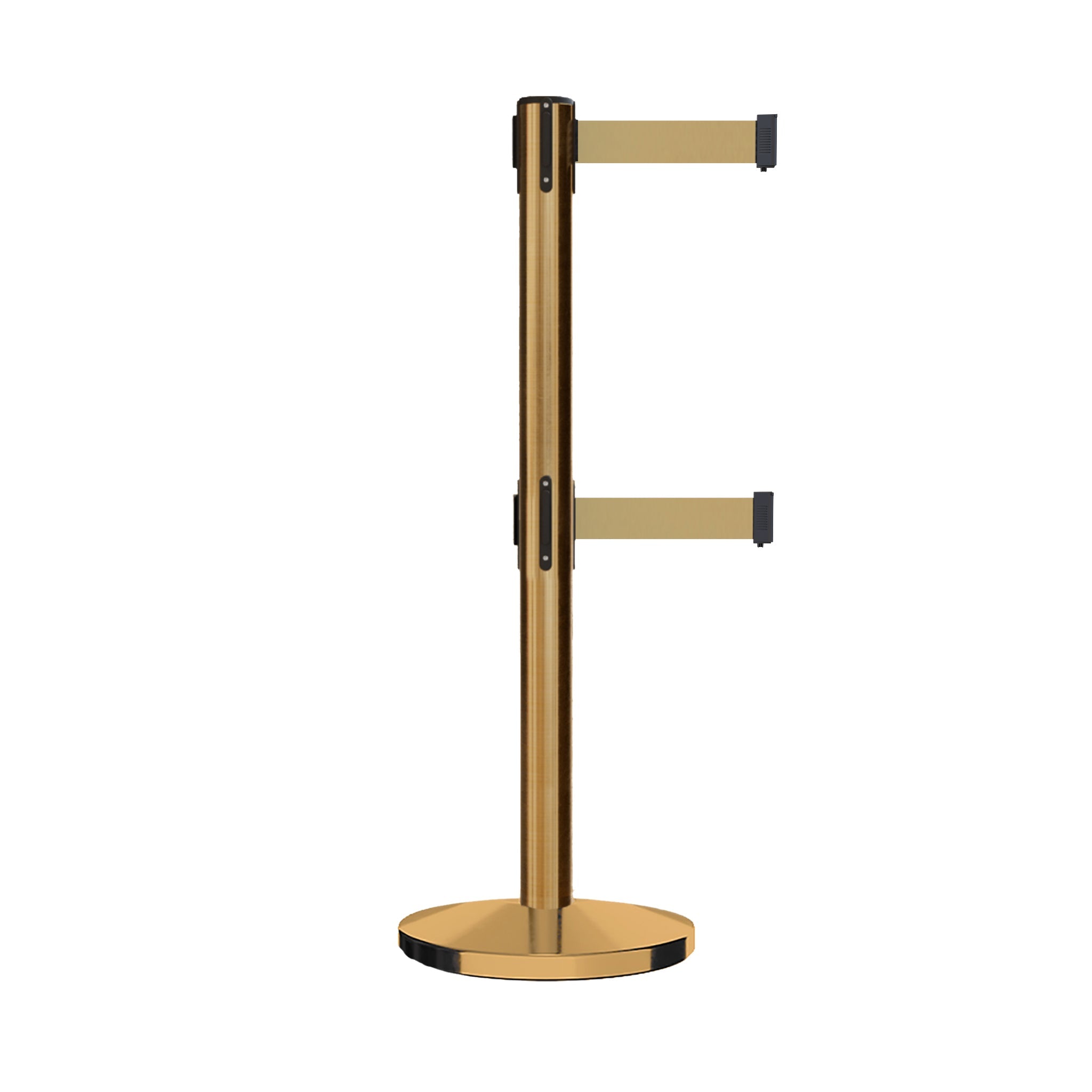 Retractable Dual Belt Barrier Stanchion, Cast Iron Base, Satin Brass Post, 11 ft Belt - Montour Line MI630D - Crowd Control Warehouse