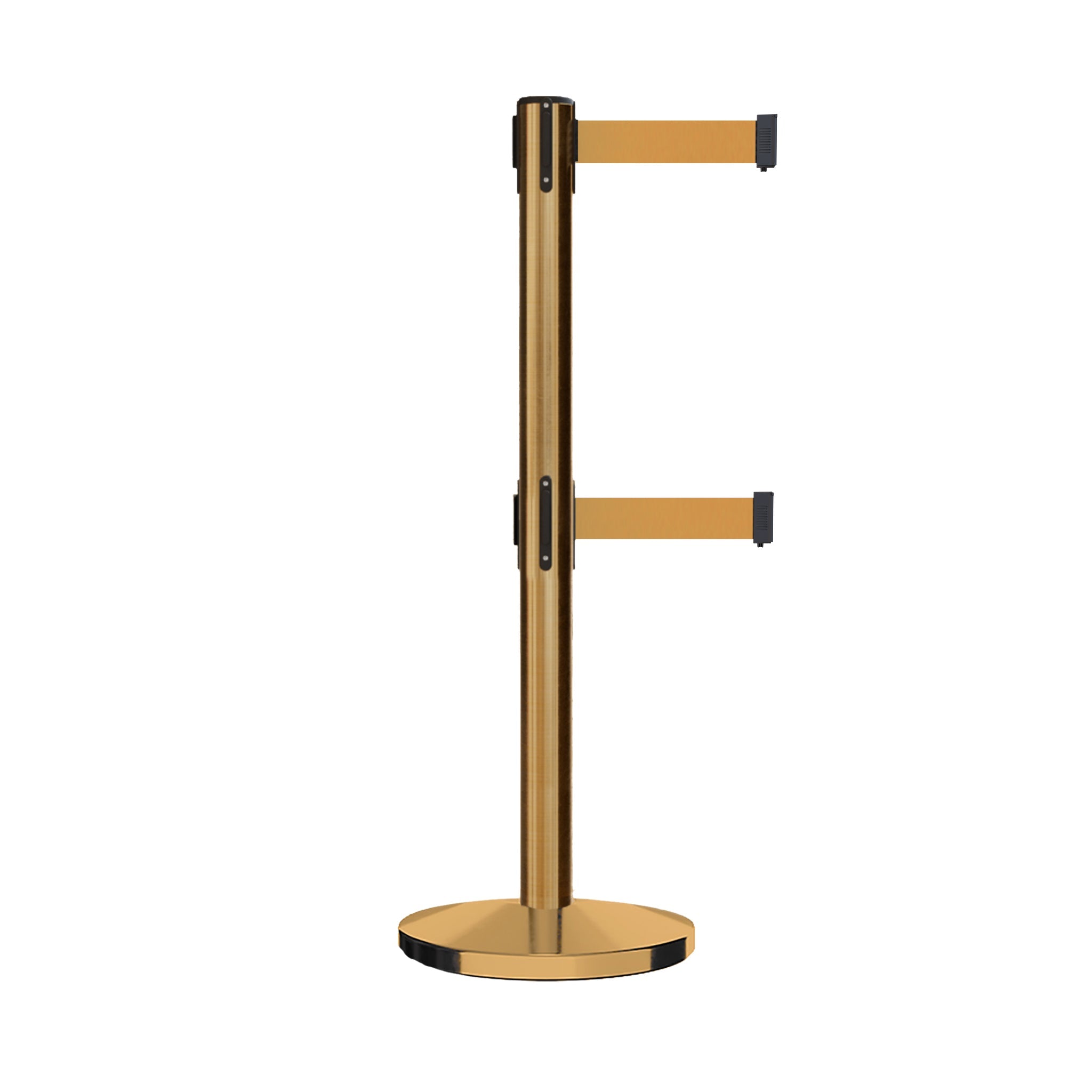 Retractable Dual Belt Barrier Stanchion, Cast Iron Base, Satin Brass Post, 11 ft Belt - Montour Line MI630D - Crowd Control Warehouse
