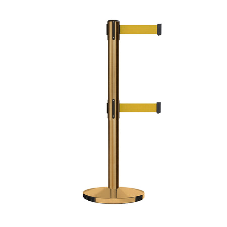 Retractable Dual Belt Barrier Stanchion, Cast Iron Base, Satin Brass Post, 11 ft Belt - Montour Line MI630D - Crowd Control Warehouse