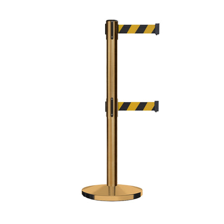 Retractable Dual Belt Barrier Stanchion, Cast Iron Base, Satin Brass Post, 11 ft Belt - Montour Line MI630D - Crowd Control Warehouse