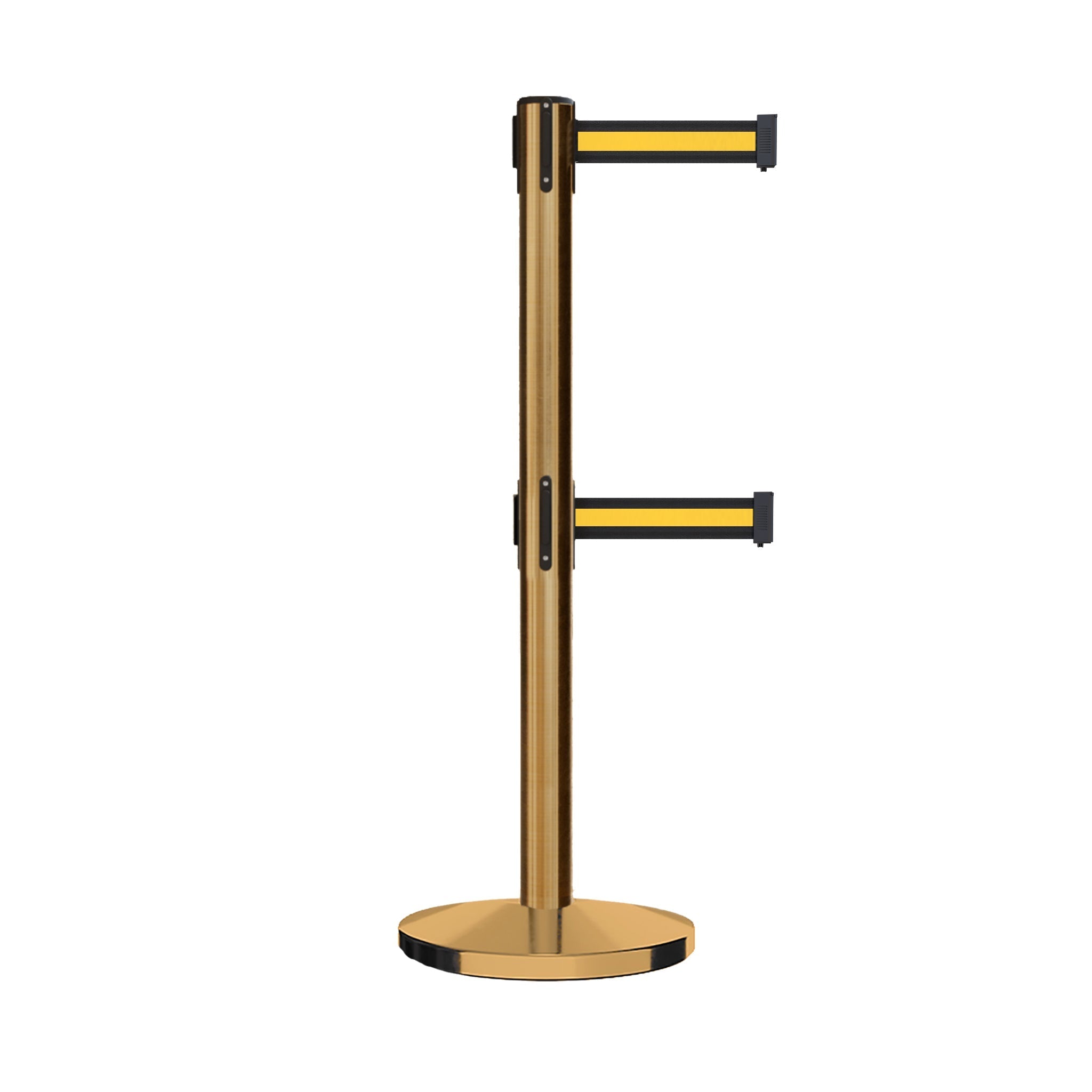 Retractable Dual Belt Barrier Stanchion, Cast Iron Base, Satin Brass Post, 11 ft Belt - Montour Line MI630D - Crowd Control Warehouse