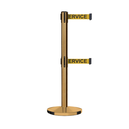 Retractable Dual Belt Barrier Stanchion, Cast Iron Base, Satin Brass Post, 11 ft Belt - Montour Line MI630D - Crowd Control Warehouse
