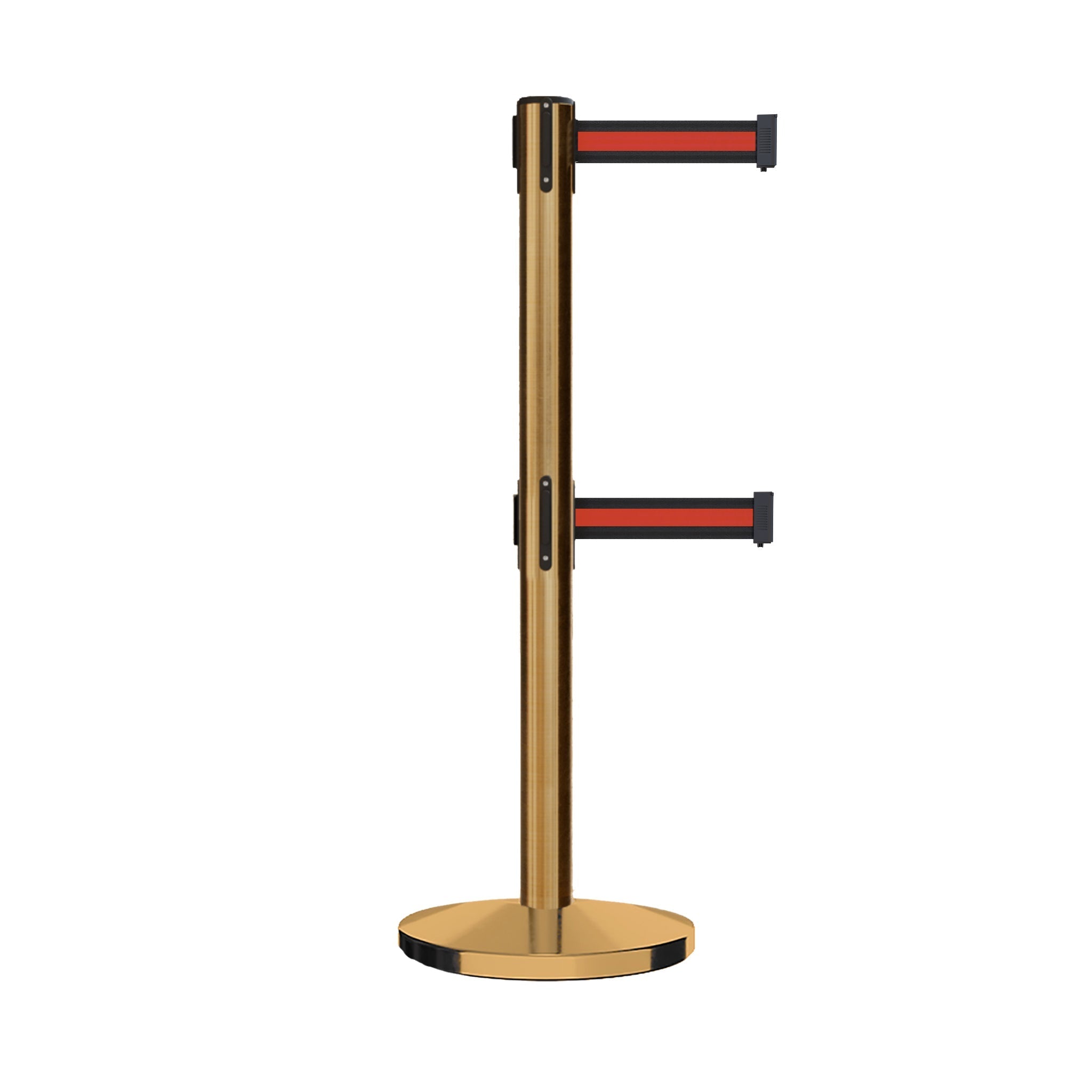 Retractable Dual Belt Barrier Stanchion, Cast Iron Base, Satin Brass Post, 11 ft Belt - Montour Line MI630D - Crowd Control Warehouse