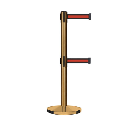 Retractable Dual Belt Barrier Stanchion, Cast Iron Base, Satin Brass Post, 11 ft Belt - Montour Line MI630D - Crowd Control Warehouse