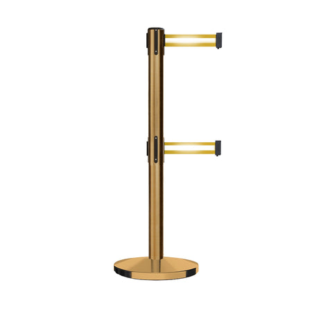 Retractable Dual Belt Barrier Stanchion, Cast Iron Base, Satin Brass Post, 9 ft Belt - Montour Line MI630D - Crowd Control Warehouse