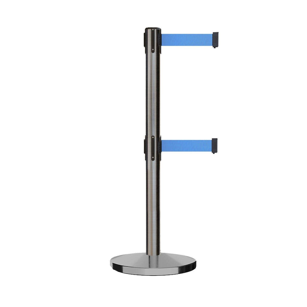 Retractable Dual Belt Barrier Stanchion, Cast Iron Base, Satin Stainless Steel Post, 11 ft Belt - Montour Line MI630D - Crowd Control Warehouse
