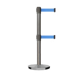 Retractable Dual Belt Barrier Stanchion, Cast Iron Base, Satin Stainless Steel Post, 11 ft Belt - Montour Line MI630D - Crowd Control Warehouse