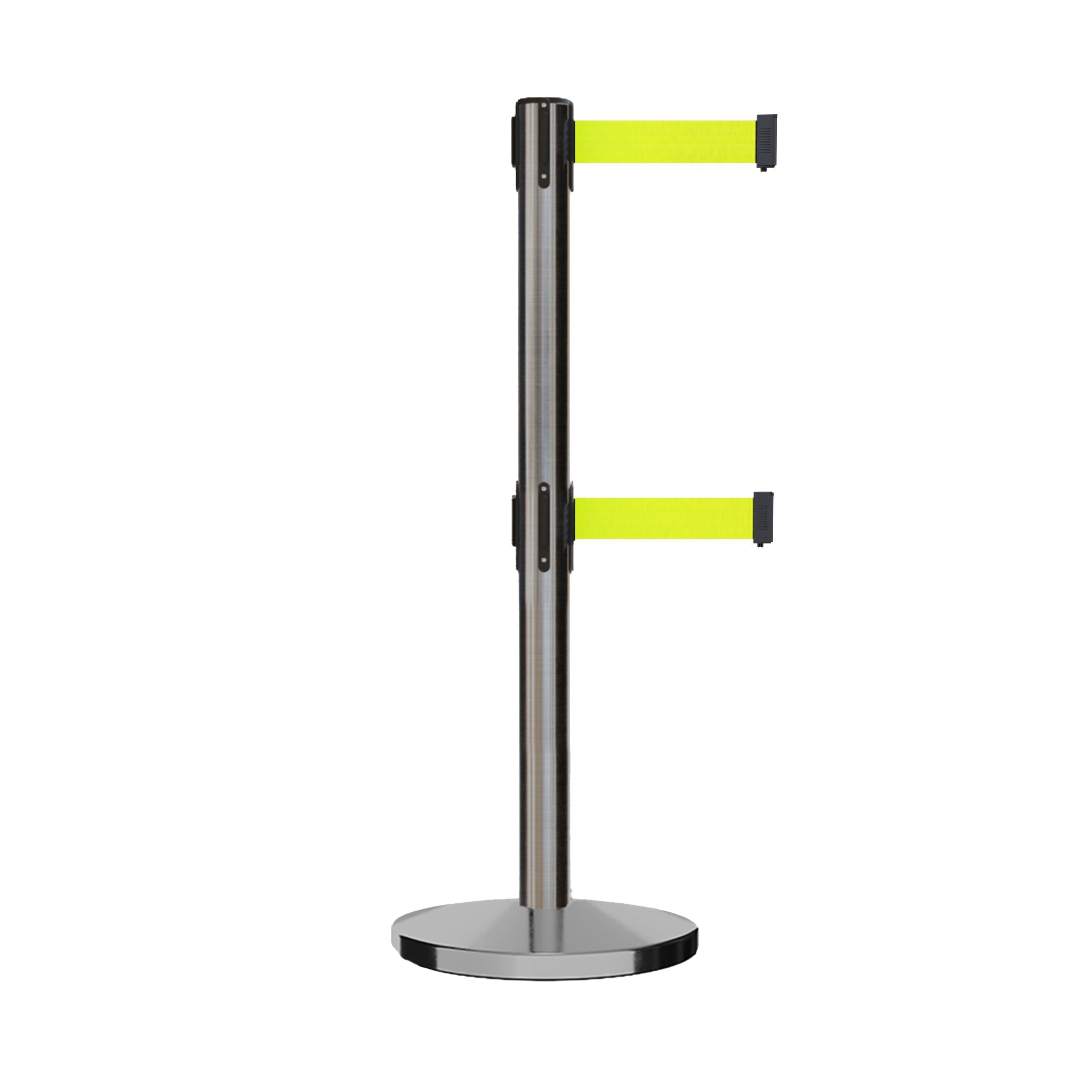 Retractable Dual Belt Barrier Stanchion, Cast Iron Base, Satin Stainless Steel Post, 11 ft Belt - Montour Line MI630D - Crowd Control Warehouse