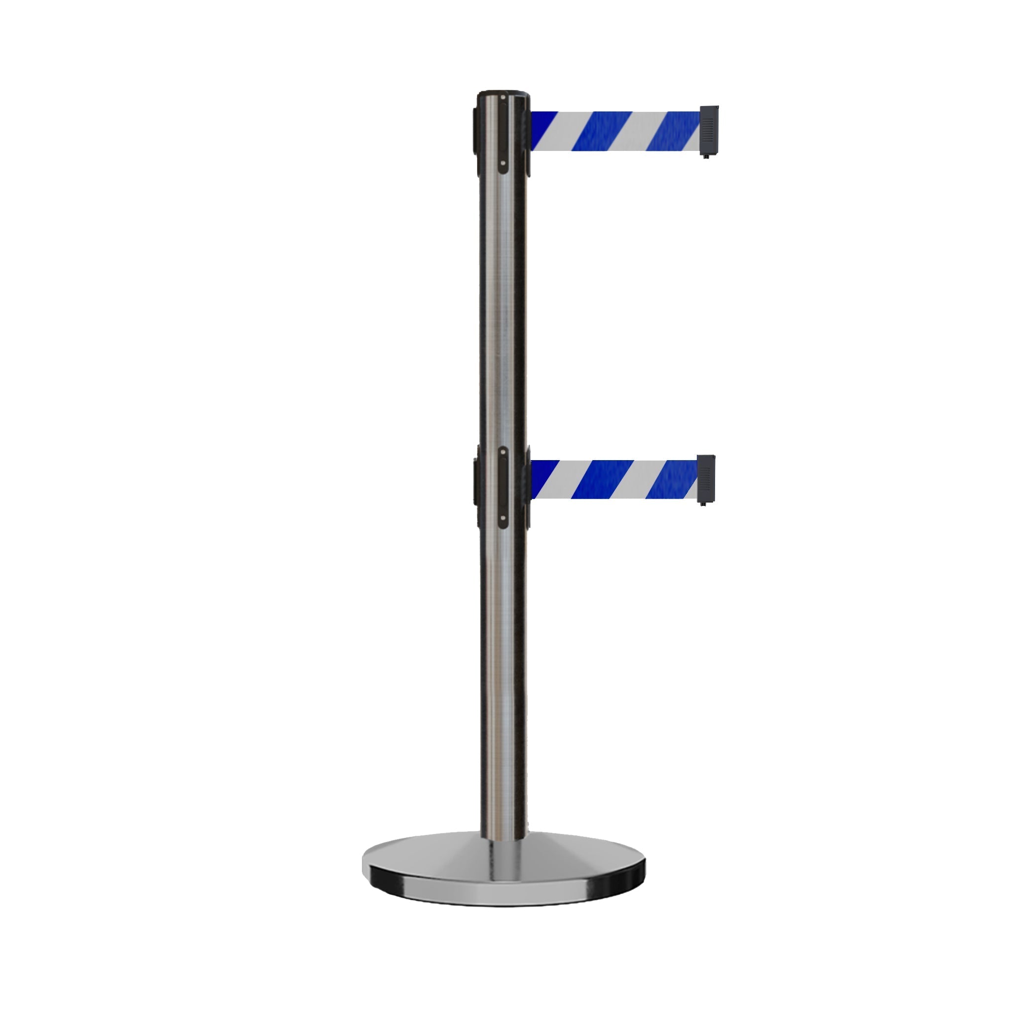Retractable Dual Belt Barrier Stanchion, Cast Iron Base, Satin Stainless Steel Post, 11 ft Belt - Montour Line MI630D - Crowd Control Warehouse