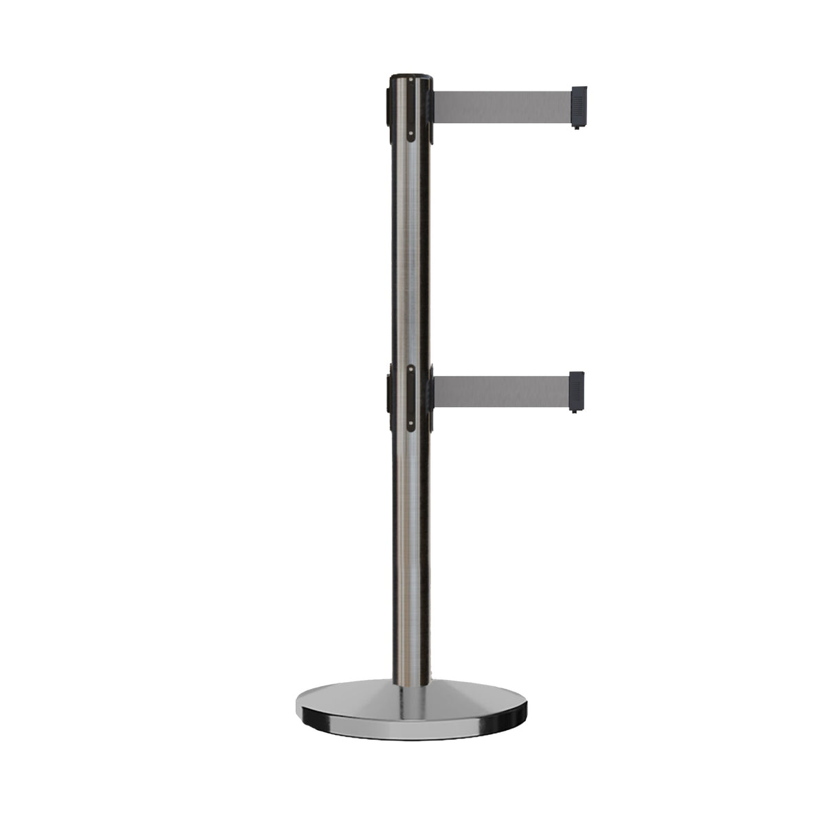 Retractable Dual Belt Barrier Stanchion, Cast Iron Base, Satin Stainless Steel Post, 11 ft Belt - Montour Line MI630D - Crowd Control Warehouse