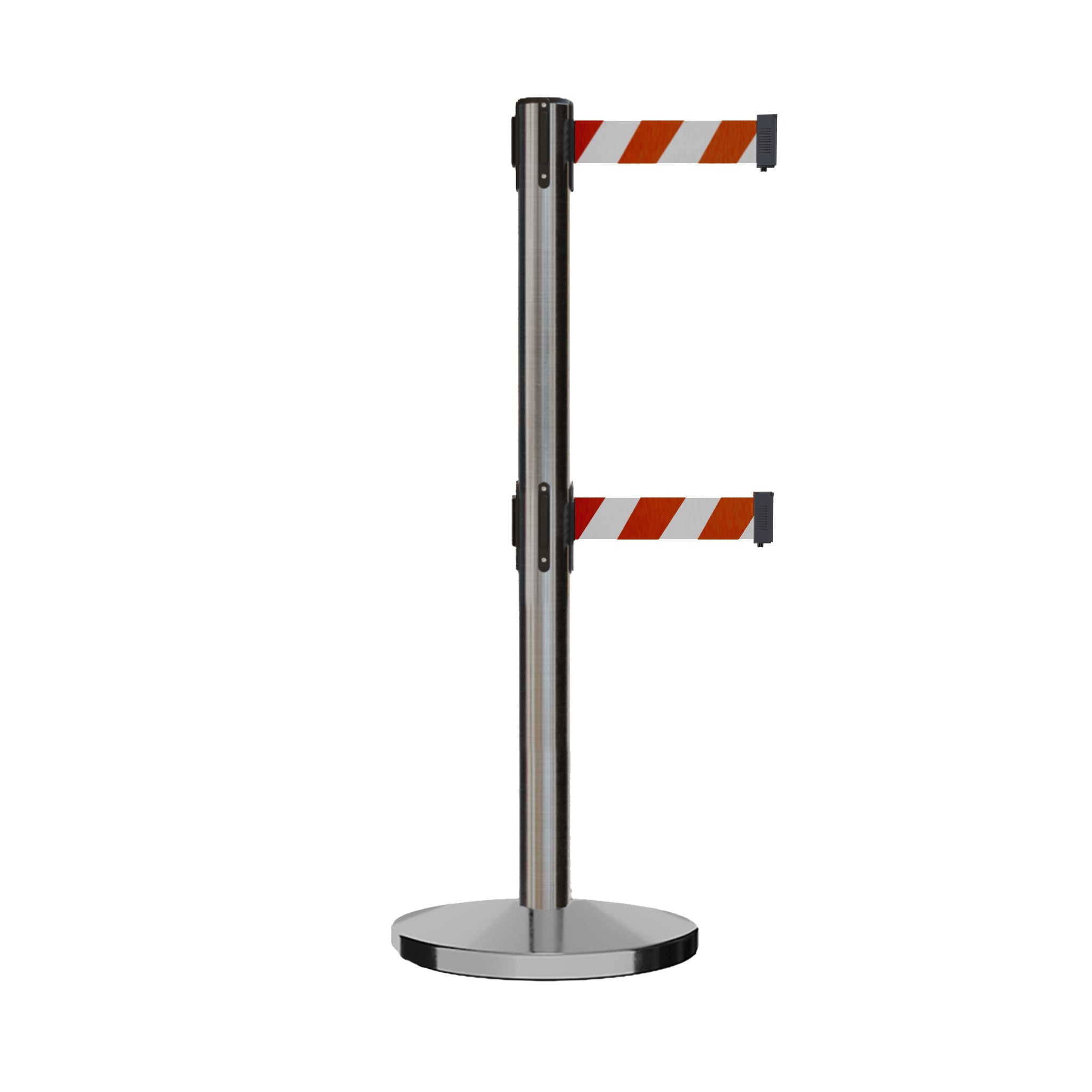 Retractable Dual Belt Barrier Stanchion, Cast Iron Base, Satin Stainless Steel Post, 11 ft Belt - Montour Line MI630D - Crowd Control Warehouse