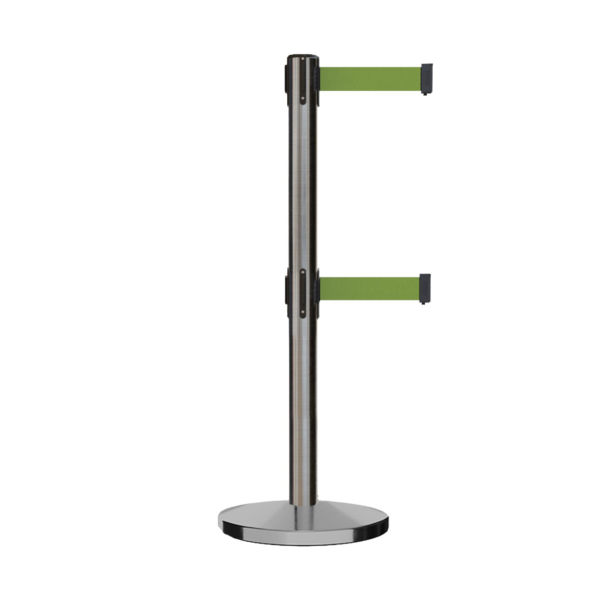 Retractable Dual Belt Barrier Stanchion, Cast Iron Base, Satin Stainless Steel Post, 11 ft Belt - Montour Line MI630D - Crowd Control Warehouse