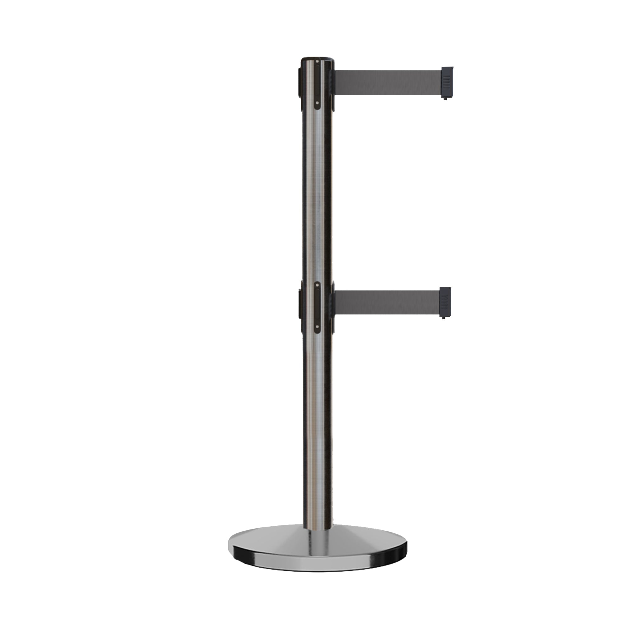 Retractable Dual Belt Barrier Stanchion, Cast Iron Base, Satin Stainless Steel Post, 11 ft Belt - Montour Line MI630D - Crowd Control Warehouse