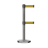 Retractable Dual Belt Barrier Stanchion, Cast Iron Base, Satin Stainless Steel Post, 11 ft Belt - Montour Line MI630D - Crowd Control Warehouse