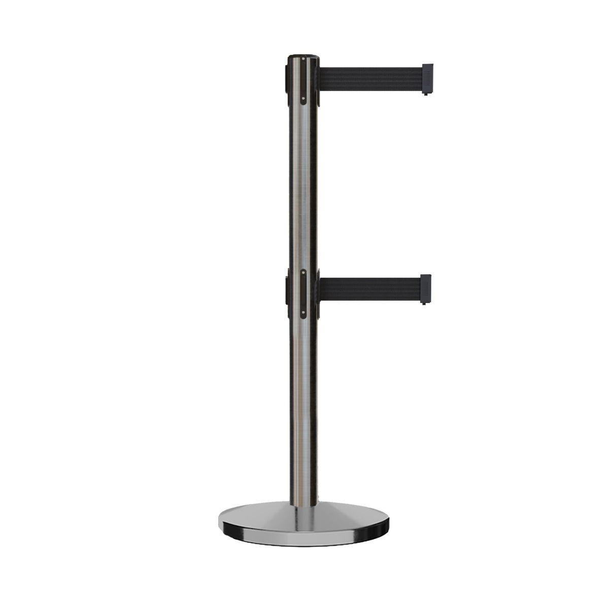 Retractable Dual Belt Barrier Stanchion, Cast Iron Base, Satin Stainless Steel Post, 11 ft Belt - Montour Line MI630D - Crowd Control Warehouse