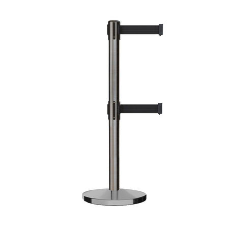 Retractable Dual Belt Barrier Stanchion, Cast Iron Base, Satin Stainless Steel Post, 11 ft Belt - Montour Line MI630D - Crowd Control Warehouse