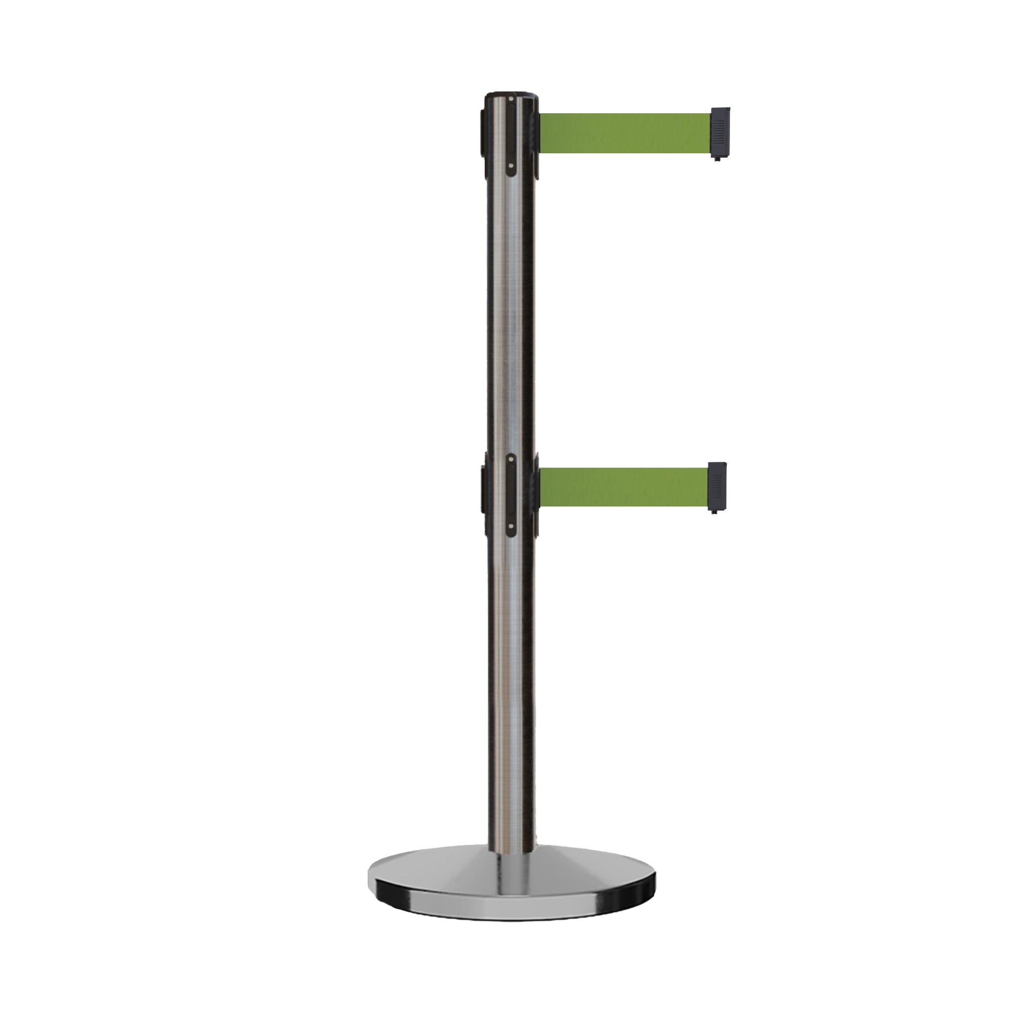 Retractable Dual Belt Barrier Stanchion, Cast Iron Base, Satin Stainless Steel Post, 7.5 ft Belt - Montour Line MI630D - Crowd Control Warehouse