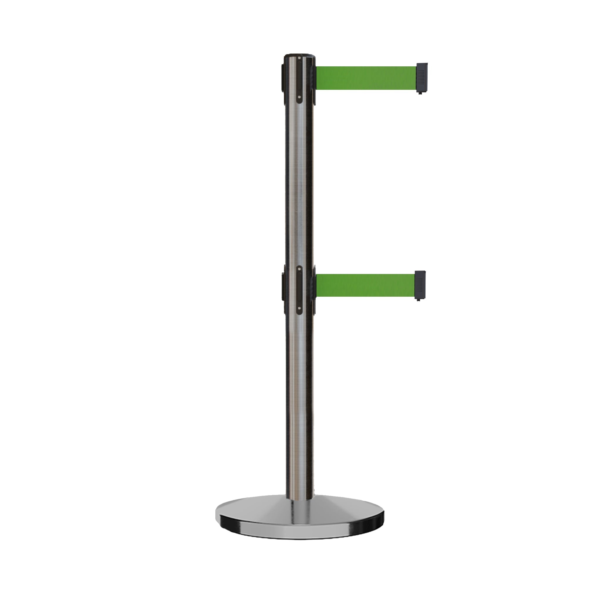Retractable Dual Belt Barrier Stanchion, Cast Iron Base, Satin Stainless Steel Post, 7.5 ft Belt - Montour Line MI630D - Crowd Control Warehouse