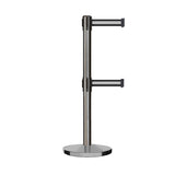 Retractable Dual Belt Barrier Stanchion, Cast Iron Base, Satin Stainless Steel Post, 7.5 ft Belt - Montour Line MI630D - Crowd Control Warehouse