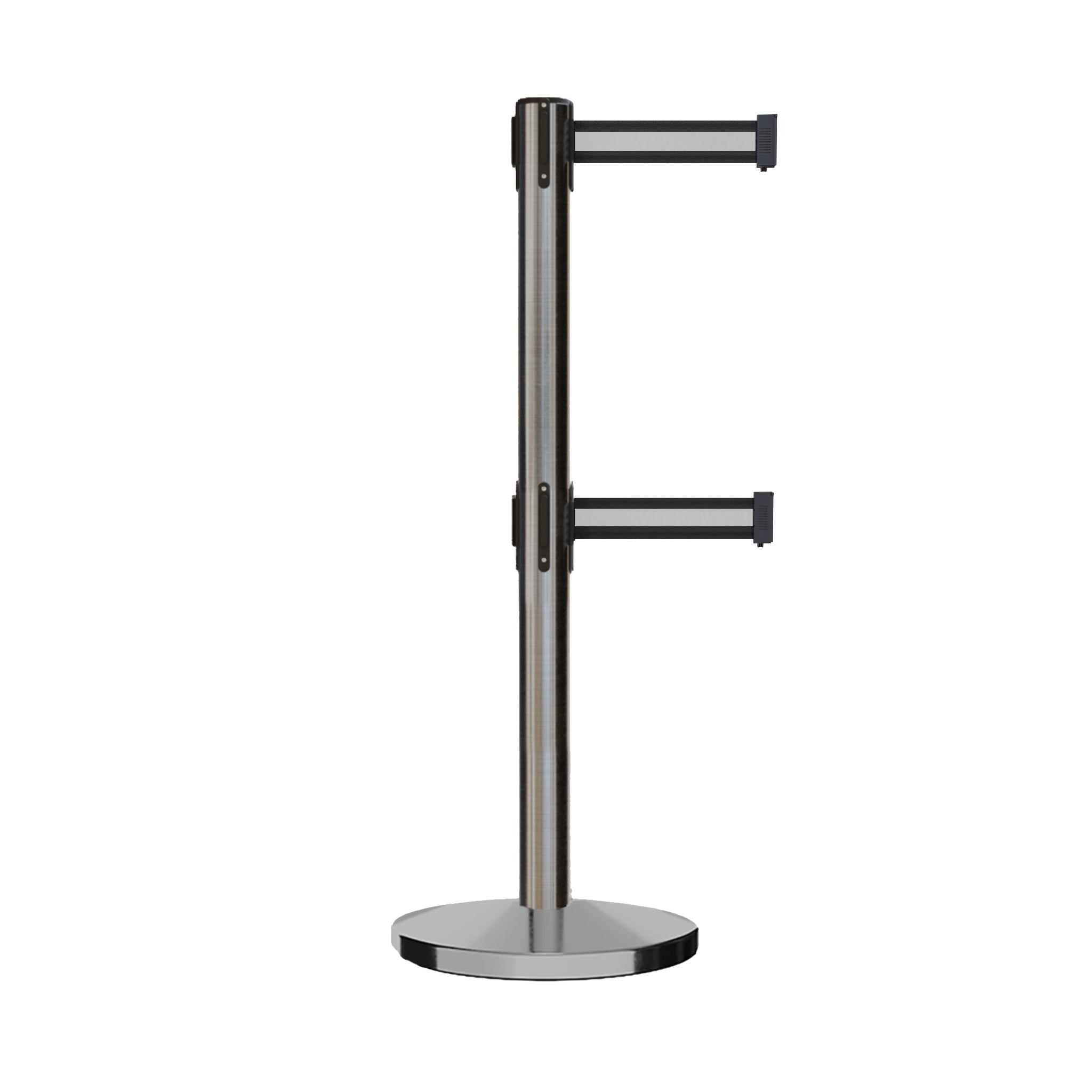 Retractable Dual Belt Barrier Stanchion, Cast Iron Base, Satin Stainless Steel Post, 7.5 ft Belt - Montour Line MI630D - Crowd Control Warehouse