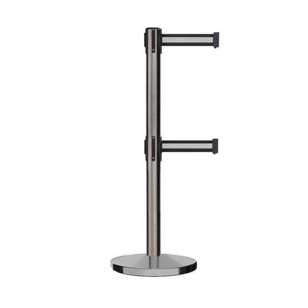 Retractable Dual Belt Barrier Stanchion, Cast Iron Base, Satin Stainless Steel Post, 7.5 ft Belt - Montour Line MI630D - Crowd Control Warehouse
