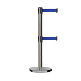 Retractable Dual Belt Barrier Stanchion, Cast Iron Base, Satin Stainless Steel Post, 7.5 ft Belt - Montour Line MI630D - Crowd Control Warehouse