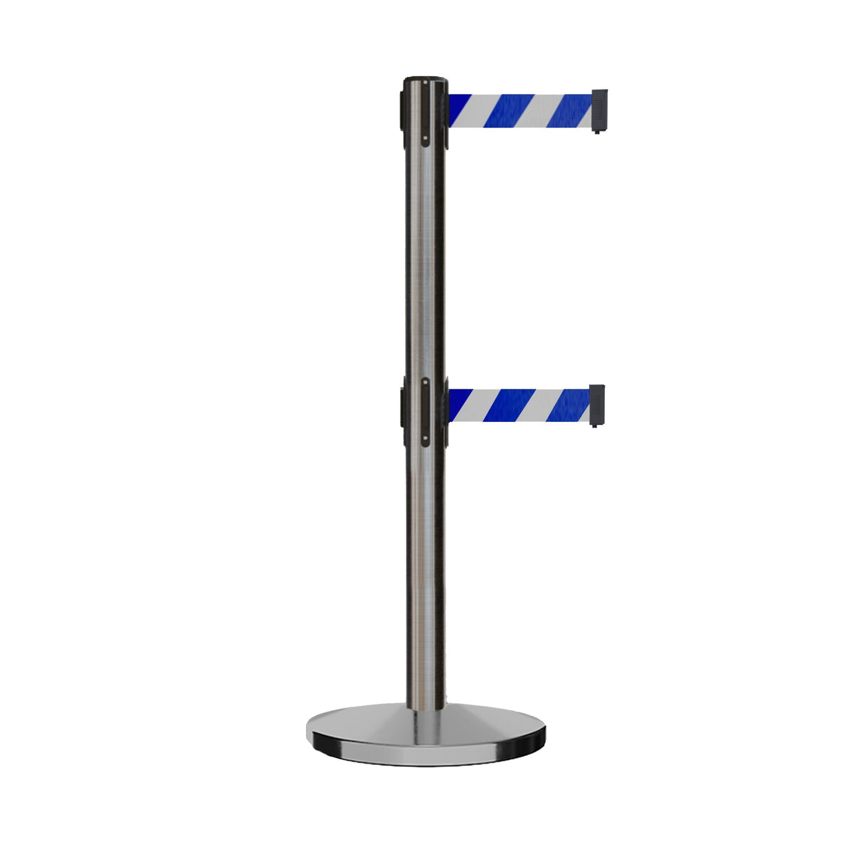 Retractable Dual Belt Barrier Stanchion, Cast Iron Base, Satin Stainless Steel Post, 7.5 ft Belt - Montour Line MI630D - Crowd Control Warehouse