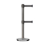 Retractable Dual Belt Barrier Stanchion, Cast Iron Base, Satin Stainless Steel Post, 9 ft Belt - Montour Line MI630D - Crowd Control Warehouse