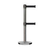 Retractable Dual Belt Barrier Stanchion, Cast Iron Base, Satin Stainless Steel Post, 9 ft Belt - Montour Line MI630D - Crowd Control Warehouse