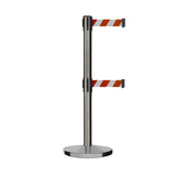Retractable Dual Belt Barrier Stanchion, Cast Iron Base, Satin Stainless Steel Post, 9 ft Belt - Montour Line MI630D - Crowd Control Warehouse