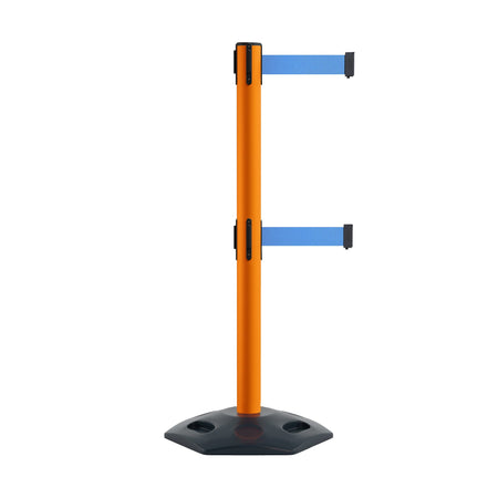 Retractable Dual Belt Barrier Stanchion, Heavy - Duty Rubber Base, 11 ft Belt - Montour Line MSR630D - Crowd Control Warehouse