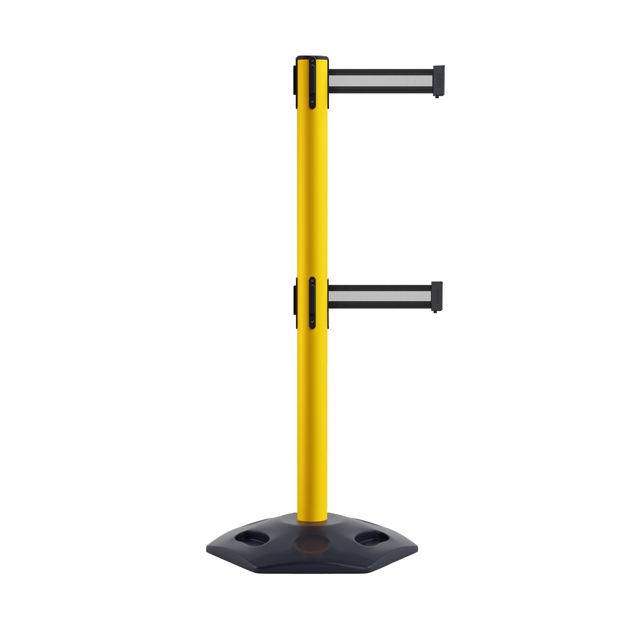 Retractable Dual Belt Barrier Stanchion, Heavy - Duty Rubber Base, 13 ft Belt - Montour Line MSR630D - Crowd Control Warehouse