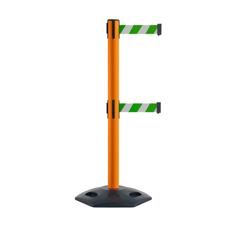 Retractable Dual Belt Barrier Stanchion, Heavy - Duty Rubber Base, 13 ft Belt - Montour Line MSR630D - Crowd Control Warehouse
