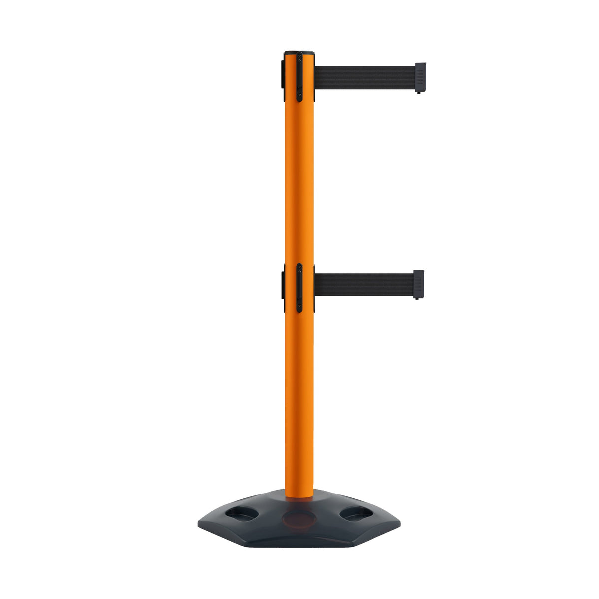 Retractable Dual Belt Barrier Stanchion, Heavy - Duty Rubber Base, 13 ft Belt - Montour Line MSR630D - Crowd Control Warehouse
